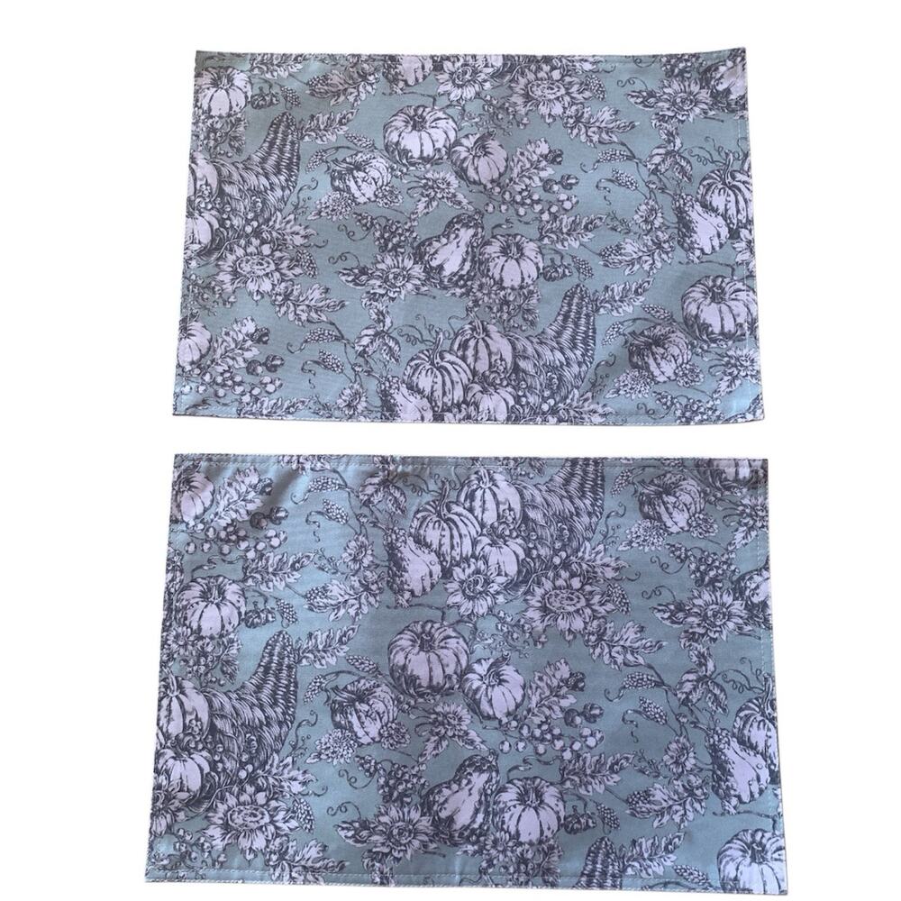 Set of 2 Well Dressed Home Mint Blue Gray Fall Placemats Pumpkins Floral